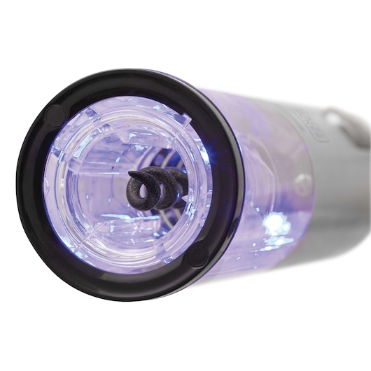 BLACKDECKER W10 electric wine opener with LED lights, close-up angled view.