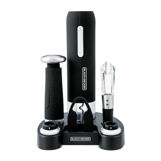 Photo of BLACK+DECKER W20 electric wine opener kit with accessories on white background, front angle.