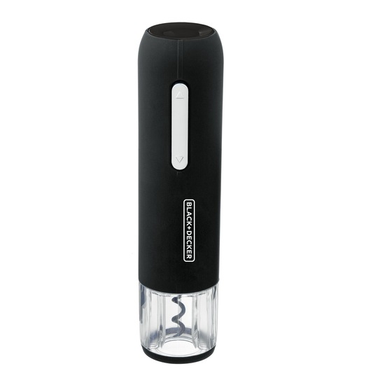 BLACKDECKER W20 electric wine opener, black body with silver buttons, clear base, front view, white background.