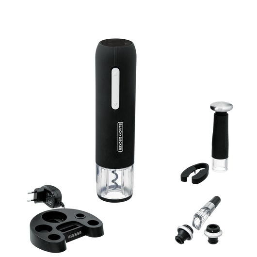 BLACK+DECKER W20 electric wine opener set with black opener, charger base, foil cutter, pourer, and wine stopper on white background.