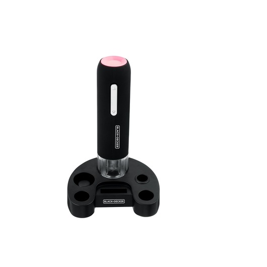 Photo of BLACKDECKER W20 black electric wine opener with stand, front angle on white background.