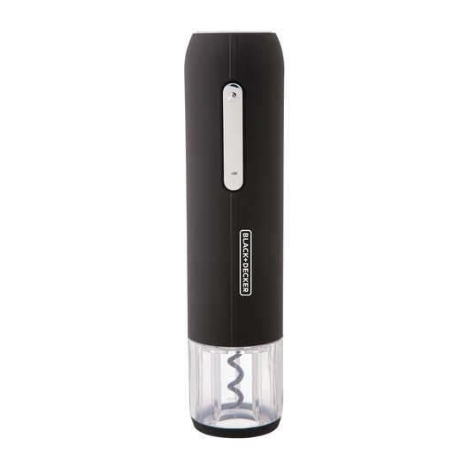 Photo of BLACKDECKER electric wine opener W20, black cylindrical body, transparent lower section, front view.