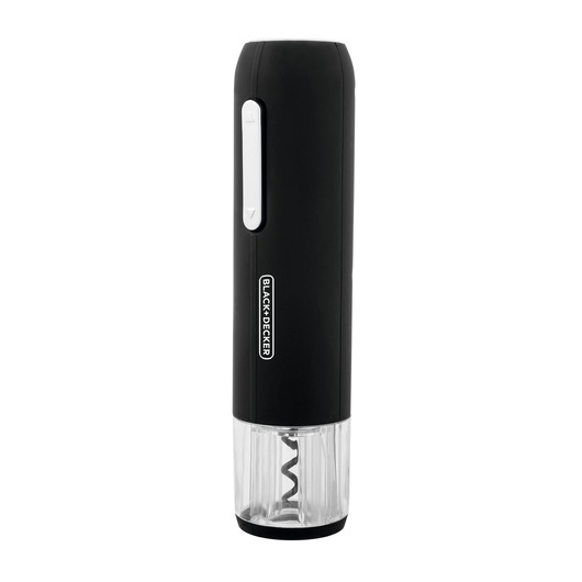 Photo of BLACKDECKER W20 electric wine opener, black with transparent base, upright on white background.