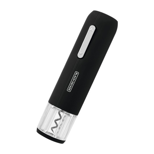 Photo of BLACKDECKER W20 electric wine opener, black, with transparent corkscrew section, product angled on white background.