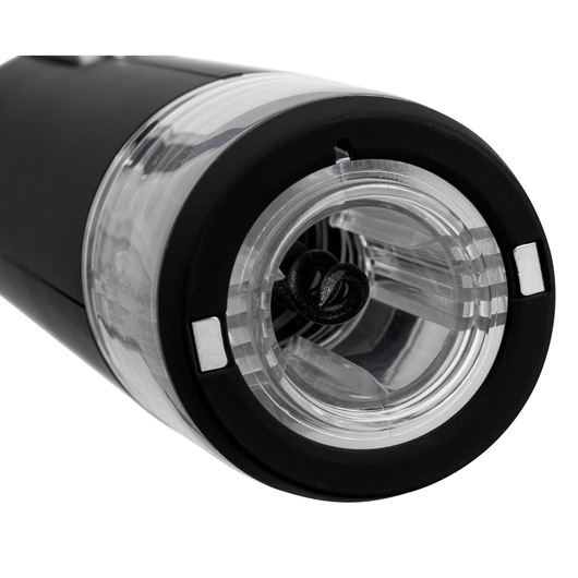BLACKDECKER W20 electric wine opener close-up with black and clear plastic housing, visible corkscrew mechanism.