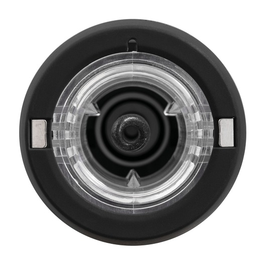 Photo of BLACKDECKER W20 round black and clear plastic component with central opening, top view, on white background.