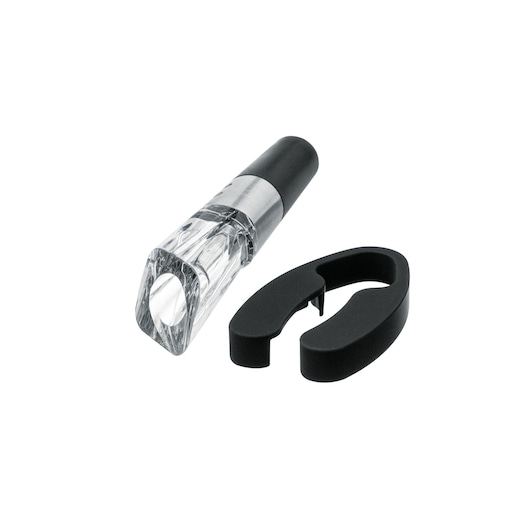 Wine aerator and foil cutter set from BLACKDECKER, featuring a transparent and metallic aerator and a black foil cutter, designed for wine bottle opening and serving.