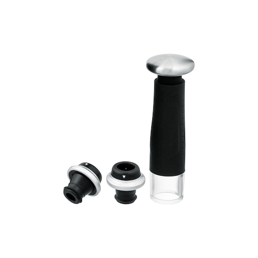 A BLACK+DECKER wine vacuum pump set, featuring one black and silver hand pump and two black bottle stoppers with silver accents, designed for preserving wine by removing air from the bottle.